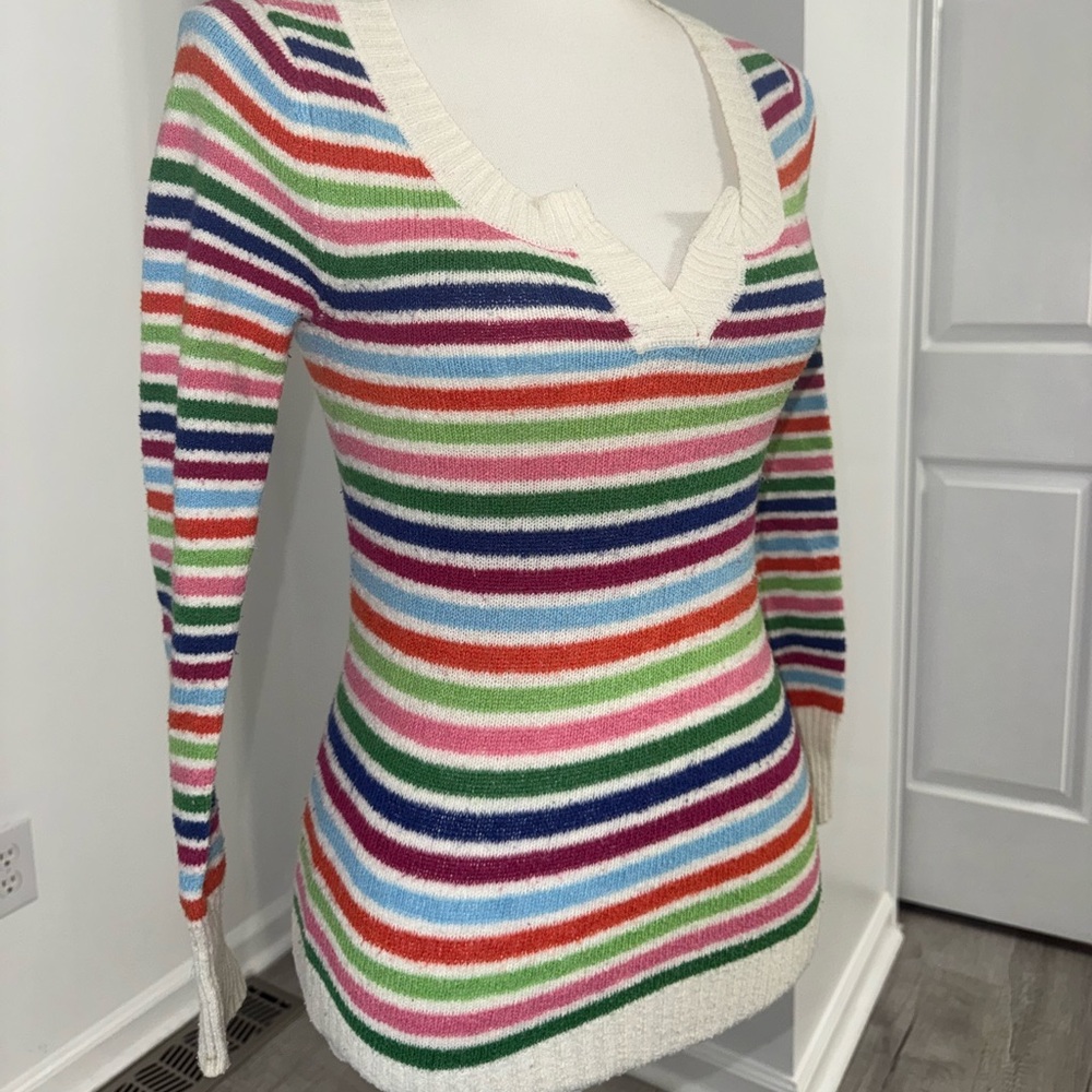 Aeropostale Rainbow Striped Knit Sweater XS‎ Long Sleeve Notched V Neck Y2K - Picture 2 of 11